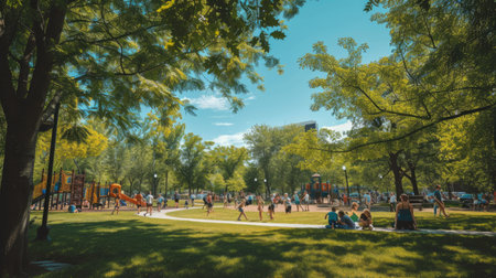 A group of people enjoying leisure activities in a park with a playground, surrounded by natural landscapes, trees, grass, and plants. AIG41の素材