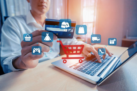 Customer open hologram graphic interface controlling device choosing online platform. Smart consumer touch gadget open e-commerce application using cashless technology shopping inventory. Cybercash.の写真素材