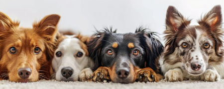The picture of front view and close up of the multiple group of the various cat and dog in front of the bright white background that look back to the camera with the curious and interest face. AIGX03.の素材