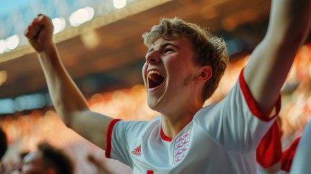 A jubilant soccer fan celebrates a goal, cheering and clapping in a stadium filled with spectators during a crucial match. AIG41の素材