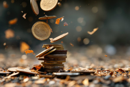 Economic downturn, debt crisis and market crash concept shown by shattering coins AIG41の素材