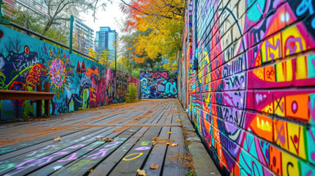 A striking graffiti mural captures the essence of urban art with a bold depiction of colorful, stylized eyes on a city wall. Resplendent.の素材