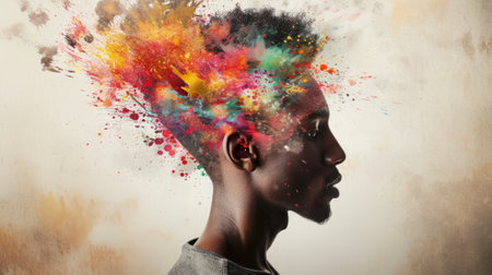 The picture that about the human face with different facial expression with colourful blowing effect near their head that can be portrayed feeling when they received too much the information. AIGX03.の素材