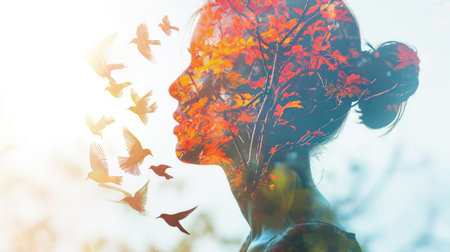 The closeup double exposure picture between young adult beautiful female caucasian human and bright beautiful nature in the morning or evening that the picture stand for peaceful of the life. AIGX01.の素材