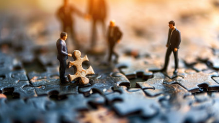 The miniature varies group of employed people that standing still on the uncompleted jigsaw board trying to work together to find the solution for the problem that they talking to each other. AIGX03.の素材