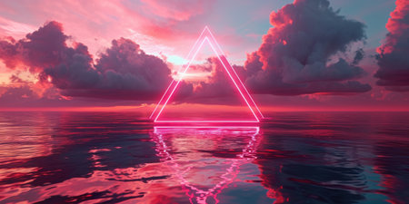 The great pinkish floating triangle beyond the ocean that surrounded with a lot amount of the tall cloud at the dawn or dusk time of the day that shine light to the every part of the picture. AIGX03.の素材