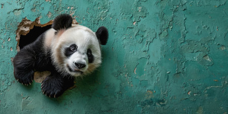 Close up view picture of the hollow green hole on the the wall that show the panda stay inside the wall that has been made from some material yet still can be break to look through other side. AIGX03.の素材