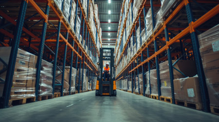 A man operates a forklift amidst shelving and fixtures in a warehouse, while moving wooden flooring for an upcoming event. AIG41の素材