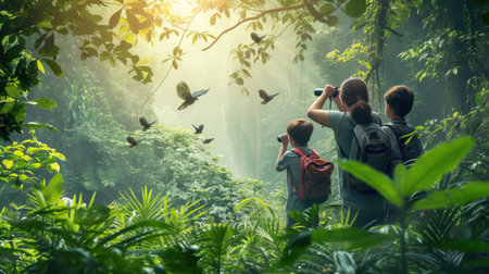 young explorers use binoculars to observe a colorful bird, immersed in the vibrant foliage of a dense forest. AIG41の素材