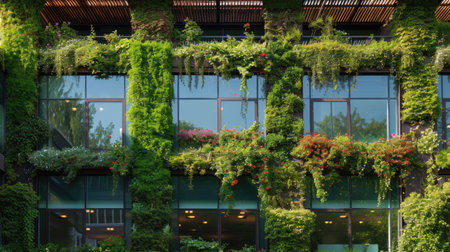 A contemporary office building featuring lush vertical gardens and eco-friendly architecture under a clear blue sky. AIG41の素材