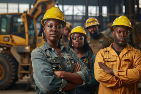 group portrait of construction workers with background of excavation machinery aigx04の素材