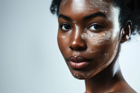 The picture of the african woman that looking at the camera, the young beautiful girl has been using cream treatment for skin care of her face, a black lady using cream on her face is halved. AIGX01.の素材
