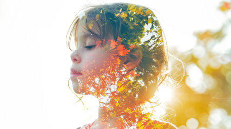 The closeup double exposure between the caucasian young girl and the beautiful vividly nature that the picture, it stands for the peaceful of the life or relaxation with the beautiful nature. AIGX01.の素材