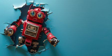 Close up view picture of the hollow blue hole on the the wall that show the robot stay inside the wall that has been made from some material yet still can be break to look through other side. AIGX03.の素材