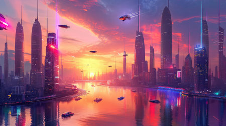 Futuristic city glows with soft hues, complemented by the sleek design of hovering vehicles above the vibrant skyline. Resplendent.の素材