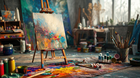 An artists studio in full creative chaos, paint splattered everywhere, canvases in various stages of completion, vibrant colors clashing and blending. Resplendent.の素材