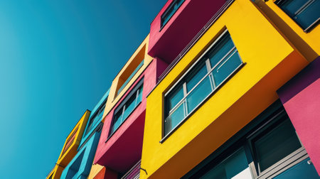 The colourful structure under the bright clear blue sky with the ray of light from brightest sun that cover most part of the building but even that the structure still left some the shadow. AIGX03.の素材