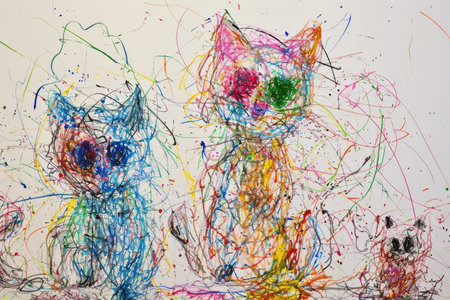 The hand drawing colourful picture of the group of the various type of the cat that has been drawn by the colored pencil or crayon on the white background that seem to be drawn by the child. AIGX01.の素材
