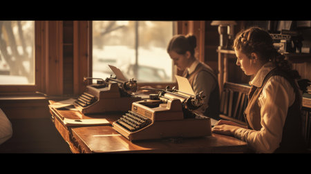 Two women seated at a table with a typewriter, sharing a conversation in a building with a window overlooking the street. AIG41の素材