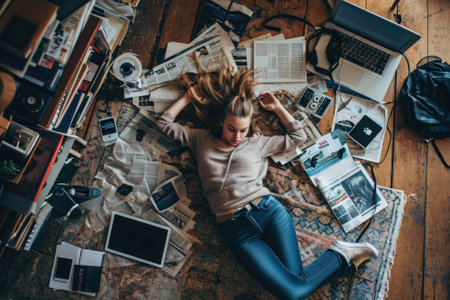 The top view of picture that about young scandinavian human that laying down and listening to the music and focused in the full of the thought and music with room that surrounded with devices. AIGX03.の素材