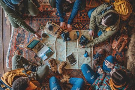 The picture of the group of the young or adult caucasian human focus and looking at a map of the world in a small room that has been filled with various object under bright sun in the daytime. AIGX03.の素材
