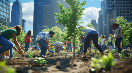 A group of people is tending to plants, shrubs, and trees in a garden, with city buildings visible in the background. AIG41の素材
