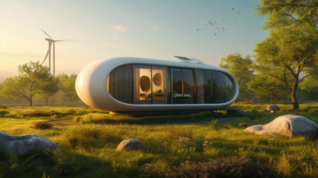 A house surrounded by natural landscape, with solar panels and wind turbines, blending art and sustainability in the modern world. AIG41の素材