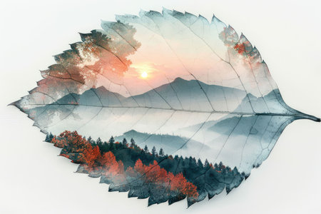 leaf double exposure with beautiful nature background showing concept of sustainability and environmental conservation. aigx04の素材