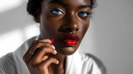 The picture of the red lips young beautiful african woman looking at the camera while holding the red lipstick near the mouth while wearing white shirt with white background for advertisement. AIGX01.の素材