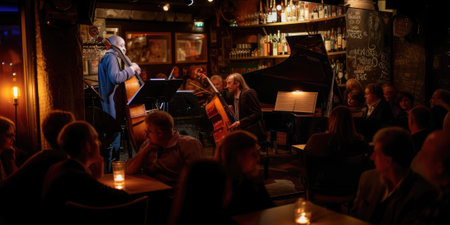 An evening jazz concert in a cozy club, musicians in deep concentration, audience immersed in the music. Resplendent.の素材