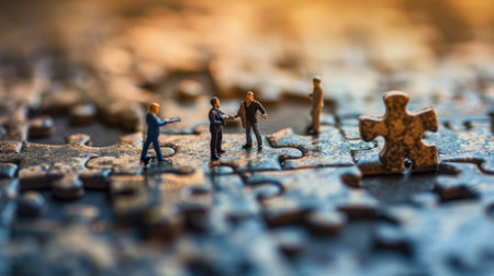The miniature varies group of employed people that standing still on the uncompleted jigsaw board trying to work together to find the solution for the problem that they talking to each other. AIGX03.の素材