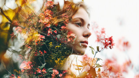 The closeup double exposure picture between young adult beautiful female caucasian human and bright beautiful nature in the morning or evening that the picture stand for peaceful of the life. AIGX01.の素材