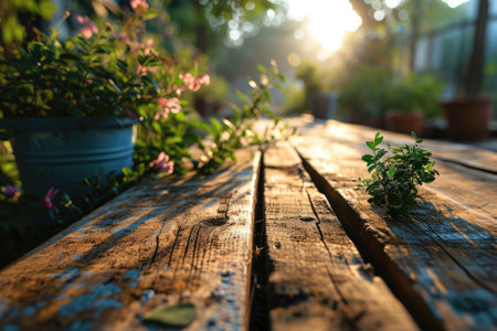 The picture of the wood table in the middle of the forest that surrounded with an uncountable amount of tree and plant in the forest with a bright light from the brightest sun of the daytime. AIGX03.の素材