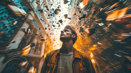 The picture that about the human face with different facial expression with colourful blowing effect near their head that can be portrayed feeling when they received too much the information. AIGX03.の素材