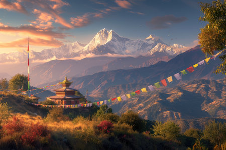 A serene temple adorned with colorful prayer flags stands against the backdrop of majestic snowy mountains illuminated by the sunrise. Resplendent.の素材