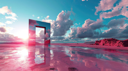 A metallic pink square portal in the middle of the clear river that connected to the ocean that surrounded with a pile of the pink sand and pink desert under the cloudy sky in the sunny day. AIGX03.の素材