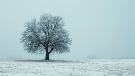 The picture of the single tree that has been covered with white snow in the middle of the empty snow land in the winter season and light from the sun can make everything bright clear on land. AIGX03.の素材