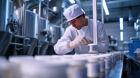A laboratory technician in protective gear meticulously inspects a production line of medical vials, ensuring quality control in a pharmaceutical facility. AIG41の素材