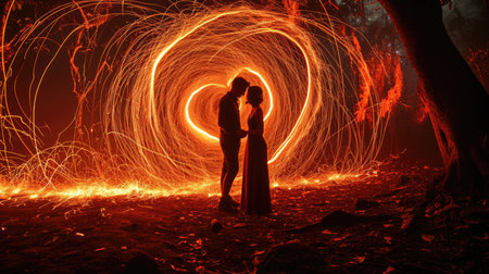 The picture about the caucasian couple hugging each other and wedding near the bright hot burning sparkling firework heart shape in the nighttime of the day like passionate of burning love. AIGX01.の素材