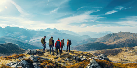 A group of friends on a hiking adventure, panoramic mountain views, capturing the spirit of friendship and exploration. Resplendent.の素材