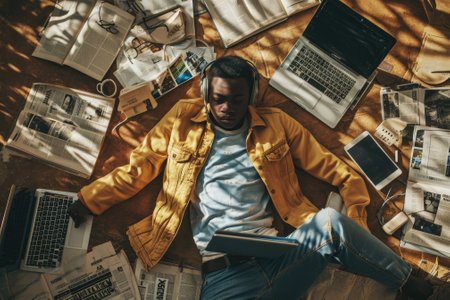 The top view of picture that about young african american human laying down and listening to the music and focused in the full of the thought and music with room that surrounded with devices. AIGX03.の素材