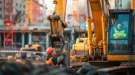 A man is operating a bulldozer at a construction site, shaping the soil for building a house in the city. AIG41の素材