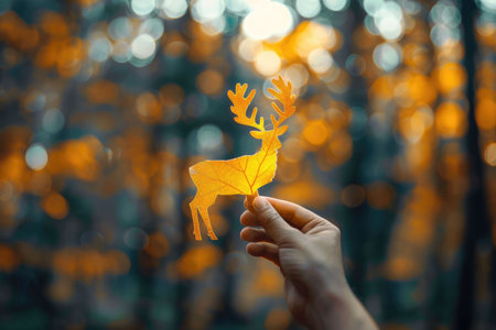 nature art of leaf carved into animal shape showing concept of sustainability and environmental conservation. aigx04の素材