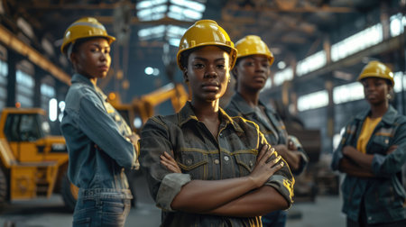 group portrait of construction workers with background of excavation machinery aigx04の素材