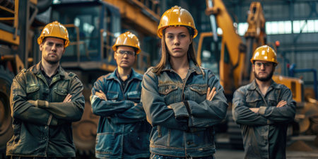 group portrait of construction workers with background of excavation machinery aigx04の素材
