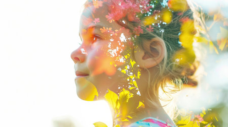 The closeup double exposure between the caucasian young girl and the beautiful vividly nature that the picture, it stands for the peaceful of the life or relaxation with the beautiful nature. AIGX01.の素材