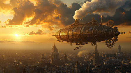 Fantasy steampunk airships float amongst clouds against a dramatic sunset backdrop, evoking adventure and exploration. Resplendent.の素材