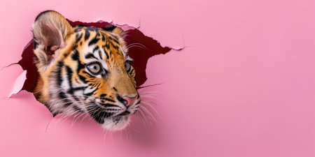 Close up view picture of the hollow pink hole on the the wall that show the tiger stay inside the wall that has been made from some material yet still can be break to look through other side. AIGX03.の素材