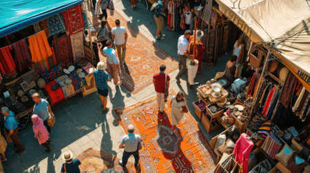 Visitors wander among colorful stalls under a blue sky in an outdoor market, exploring a variety of local goods and souvenirs. Resplendent.の素材