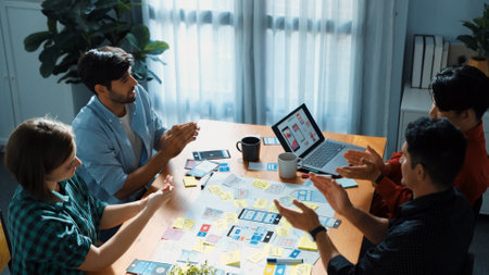 Top view of business team brainstorming idea by using mind map while clapping hand together. People designing Ux Ui design for mobile phone while making stack of hands and clapping hand. Convocation.の写真素材